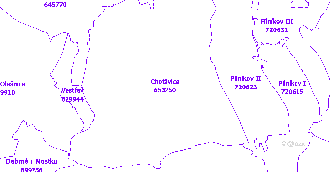 Katastrální mapa Chotěvice - přehledová mapa katastrálního území