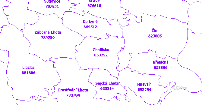 Katastrální mapa Chotilsko - přehledová mapa katastrálního území