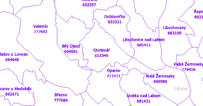 Katastrální mapa Chotiměř - přehledová mapa katastrálního území