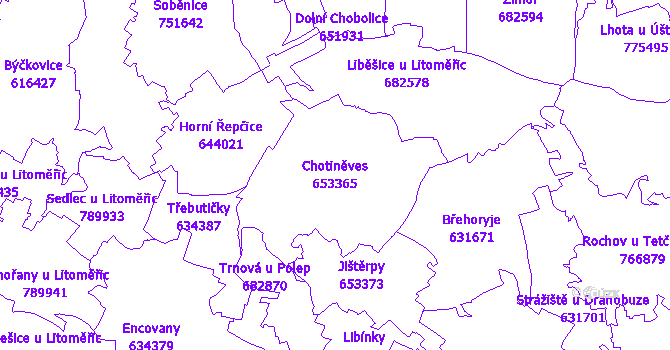 Katastrální mapa Chotiněves - přehledová mapa katastrálního území