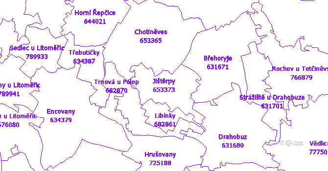 Katastrální mapa Jištěrpy - přehledová mapa katastrálního území