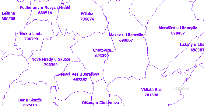 Katastrální mapa Chotovice - přehledová mapa katastrálního území