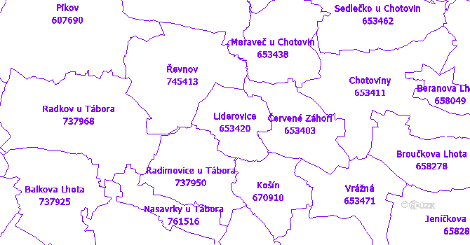 Katastrální mapa Liderovice - přehledová mapa katastrálního území