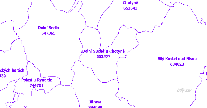 Katastrální mapa Dolní Suchá u Chotyně - přehledová mapa katastrálního území