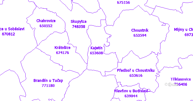 Katastrální mapa Kajetín - přehledová mapa katastrálního území