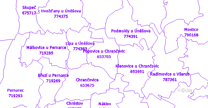 Katastrální mapa Popovice u Chrančovic - přehledová mapa katastrálního území
