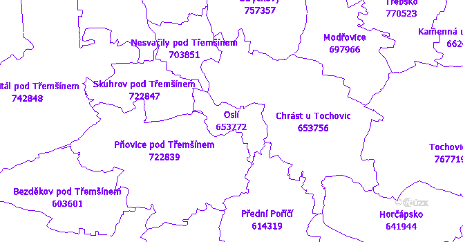 Katastrální mapa Oslí - přehledová mapa katastrálního území