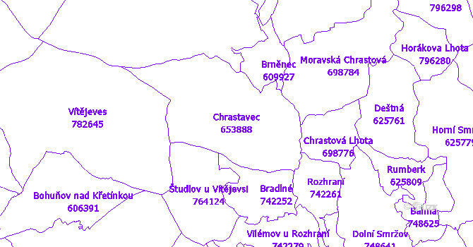 Katastrální mapa Chrastavec - přehledová mapa katastrálního území