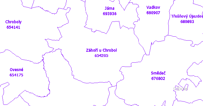 Katastrální mapa Záhoří u Chrobol - přehledová mapa katastrálního území