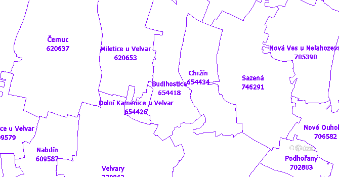 Katastrální mapa Budihostice - přehledová mapa katastrálního území