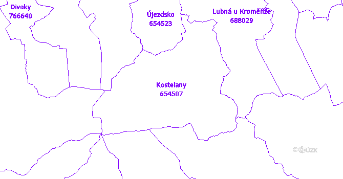 Katastrální mapa Kostelany - přehledová mapa katastrálního území