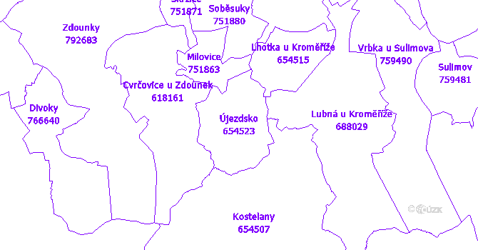 Katastrální mapa Újezdsko - přehledová mapa katastrálního území