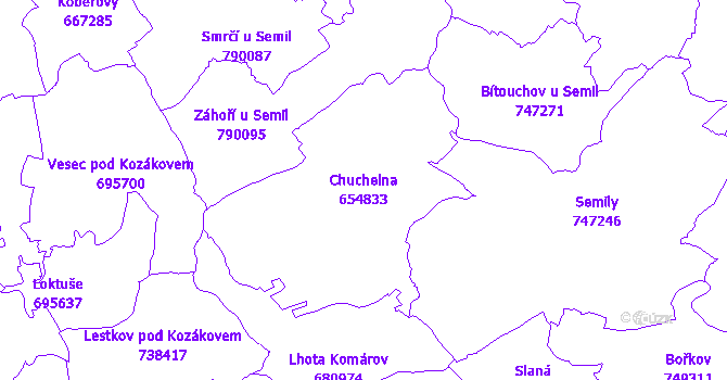 Katastrální mapa Chuchelna - přehledová mapa katastrálního území