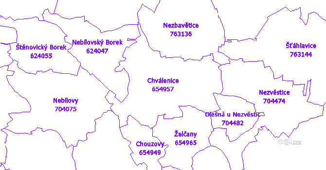 Katastrální mapa Chválenice - přehledová mapa katastrálního území