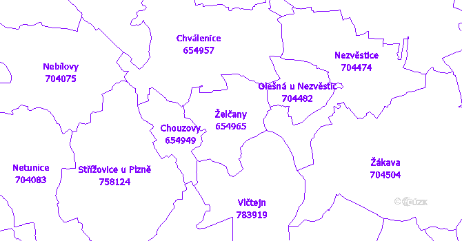 Katastrální mapa Želčany - přehledová mapa katastrálního území