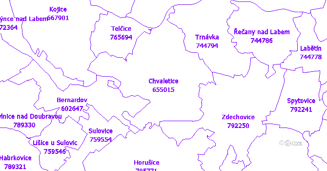 Katastrální mapa Chvaletice - přehledová mapa katastrálního území