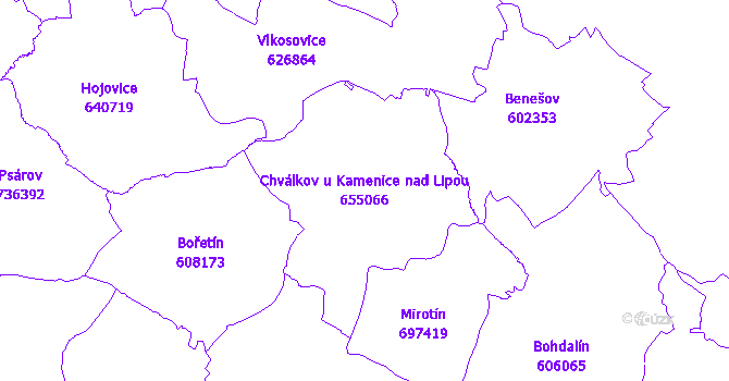 Katastrální mapa Chválkov u Kamenice nad Lipou - přehledová mapa katastrálního území