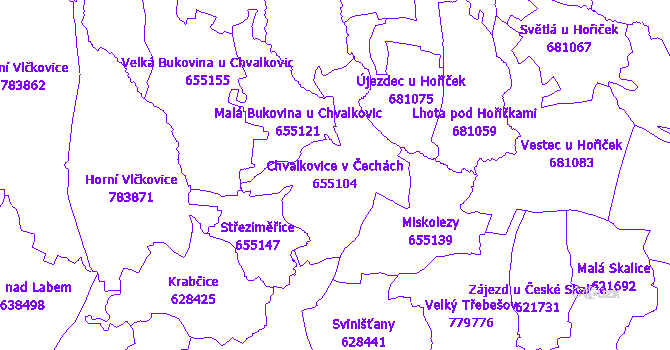 Katastrální mapa Chvalkovice v Čechách - přehledová mapa katastrálního území