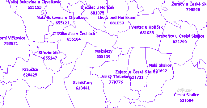Katastrální mapa Miskolezy - přehledová mapa katastrálního území