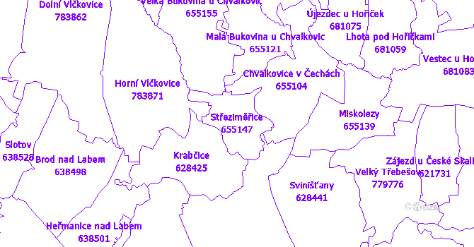 Katastrální mapa Střeziměřice - přehledová mapa katastrálního území