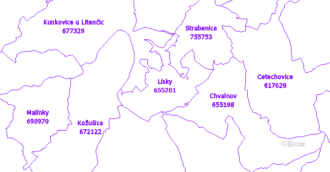 Katastrální mapa Lísky - přehledová mapa katastrálního území