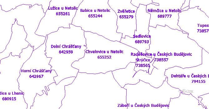 Katastrální mapa Chvalovice u Netolic - přehledová mapa katastrálního území