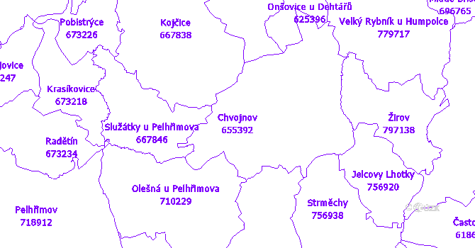 Katastrální mapa Chvojnov - přehledová mapa katastrálního území