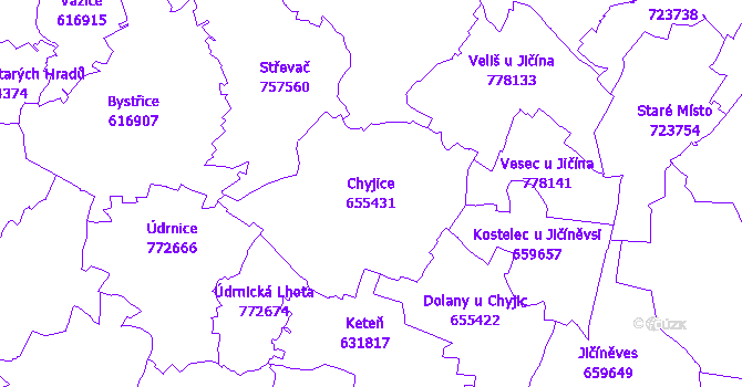 Katastrální mapa Chyjice - přehledová mapa katastrálního území