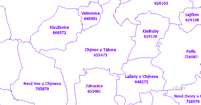 Katastrální mapa Chýnov u Tábora - přehledová mapa katastrálního území