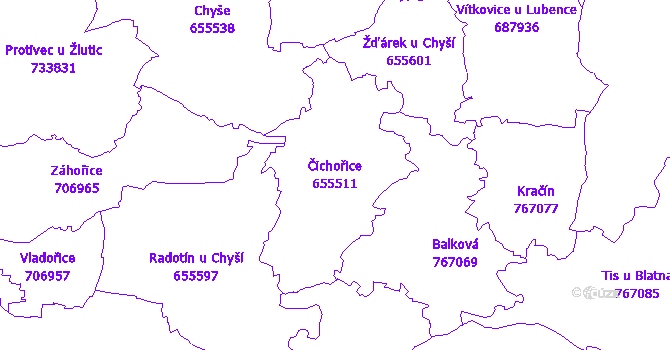 Katastrální mapa Čichořice - přehledová mapa katastrálního území