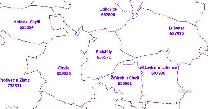 Katastrální mapa Podštěly - přehledová mapa katastrálního území