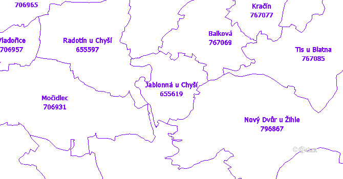 Katastrální mapa Jablonná u Chyší - přehledová mapa katastrálního území