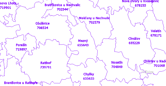 Katastrální mapa Mezný - přehledová mapa katastrálního území
