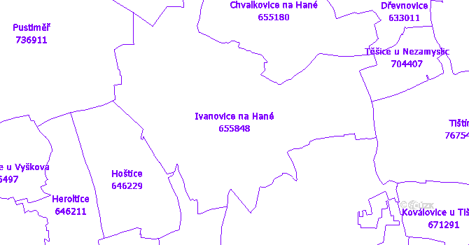 Katastrální mapa Ivanovice na Hané - přehledová mapa katastrálního území