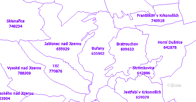 Katastrální mapa Buřany - přehledová mapa katastrálního území