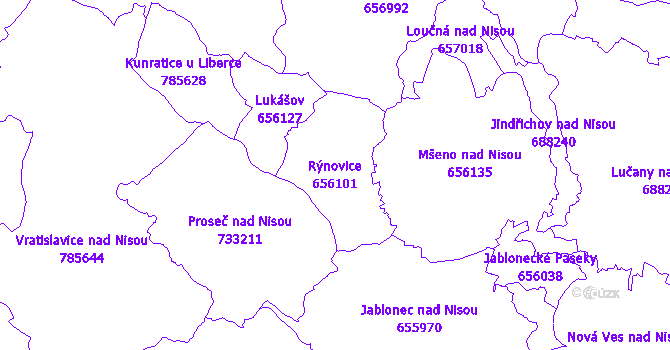 Katastrální mapa Rýnovice - přehledová mapa katastrálního území