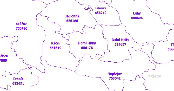 Katastrální mapa Horní Hbity - přehledová mapa katastrálního území