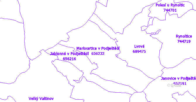 Katastrální mapa Markvartice v Podještědí - přehledová mapa katastrálního území