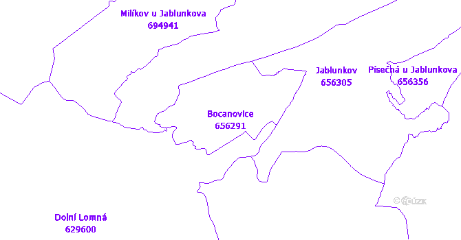 Katastrální mapa Bocanovice - přehledová mapa katastrálního území