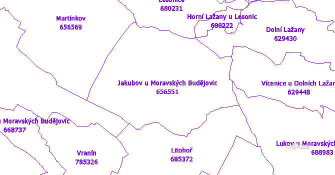 Katastrální mapa Jakubov u Moravských Budějovic - přehledová mapa katastrálního území