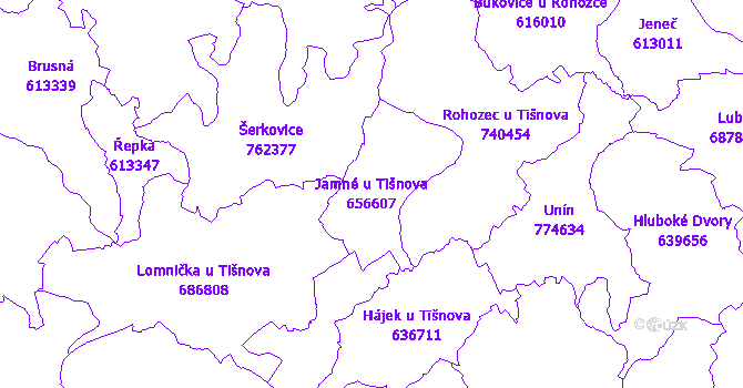 Katastrální mapa Jamné u Tišnova - přehledová mapa katastrálního území