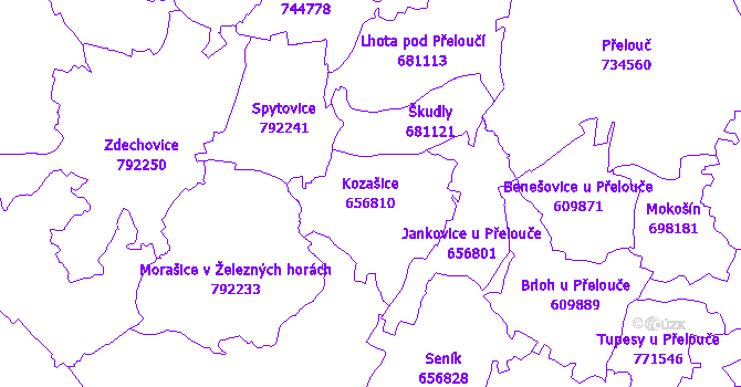 Katastrální mapa Kozašice - přehledová mapa katastrálního území