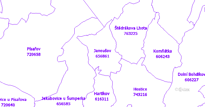 Katastrální mapa Janoušov - přehledová mapa katastrálního území