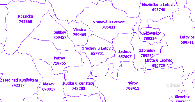 Katastrální mapa Ořechov u Letovic - přehledová mapa katastrálního území