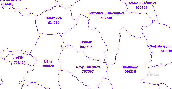 Katastrální mapa Javorek - přehledová mapa katastrálního území