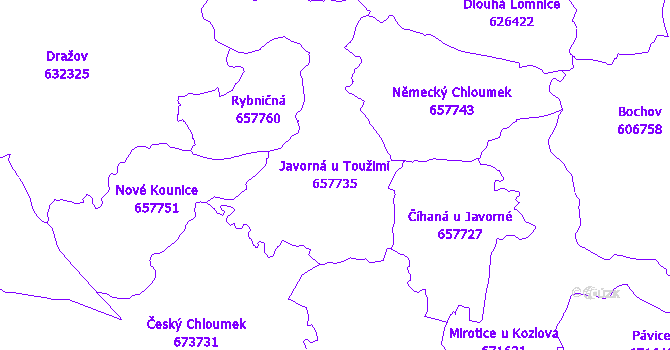 Katastrální mapa Javorná u Toužimi - přehledová mapa katastrálního území
