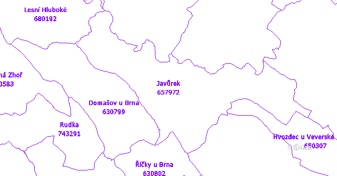Katastrální mapa Javůrek - přehledová mapa katastrálního území