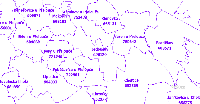 Katastrální mapa Jedousov - přehledová mapa katastrálního území