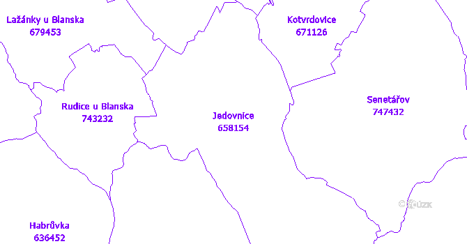 Katastrální mapa Jedovnice - přehledová mapa katastrálního území