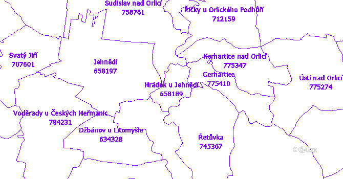 Katastrální mapa Hrádek u Jehnědí - přehledová mapa katastrálního území